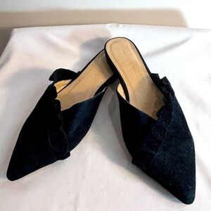 MONK & LOU Sz 39 Pointy Toe Mules Suede Leather Pointy Ruffles Slip On Slides